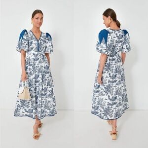 Tuckernuck Hyacinth House Blue Toile Reynolds Puff Sleeve Midi Dress Small